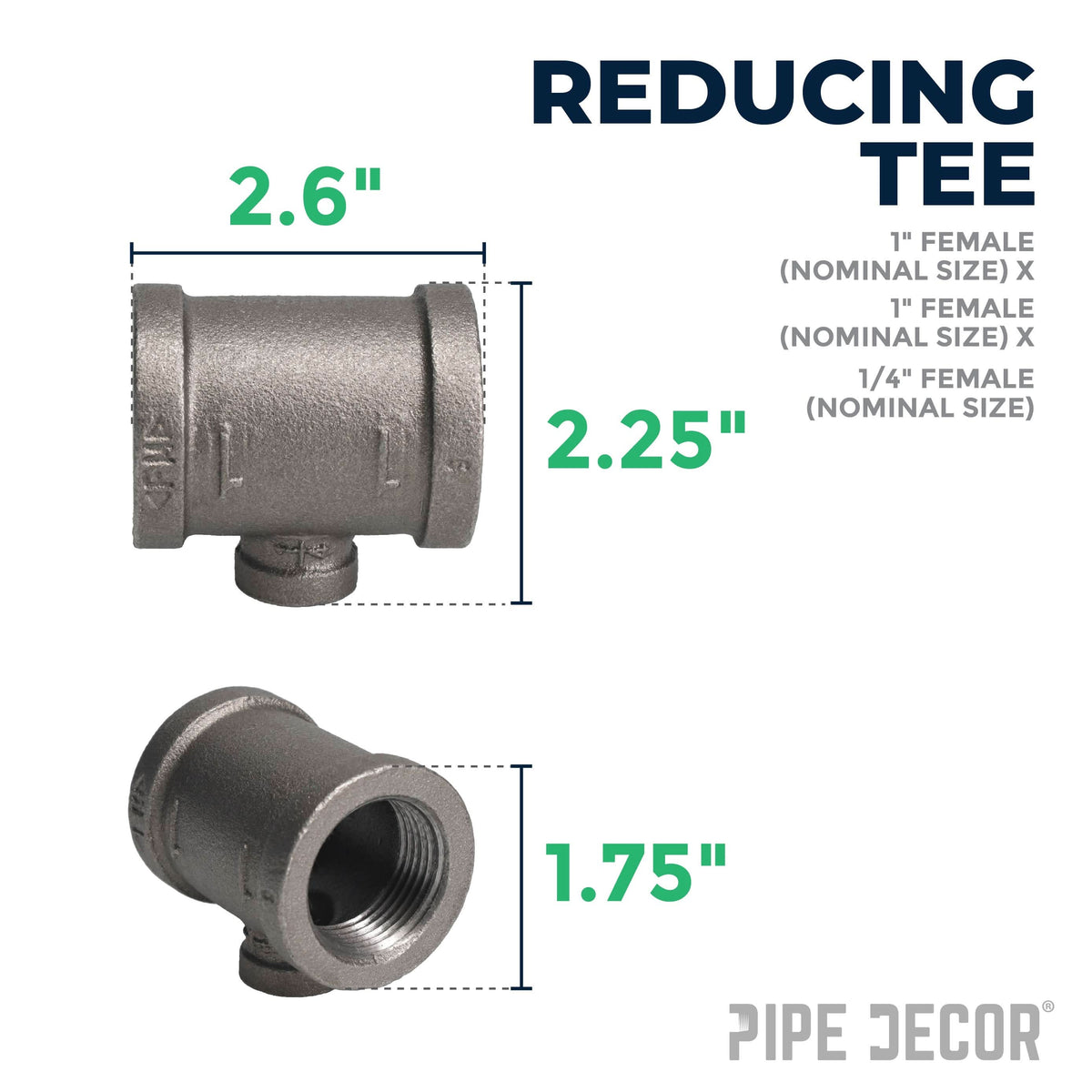 PIPE DECOR 1 in. x 1 in. x 1/4 in. black iron reducing tee pipe fitting, view 2