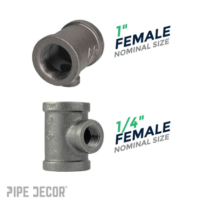 PIPE DECOR 1 in. x 1 in. x 1/4 in. black iron reducing tee pipe fitting, view 3