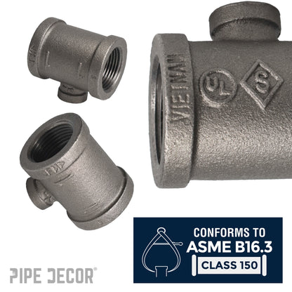 PIPE DECOR 1 in. x 1 in. x 1/4 in. black iron reducing tee pipe fitting, view 4