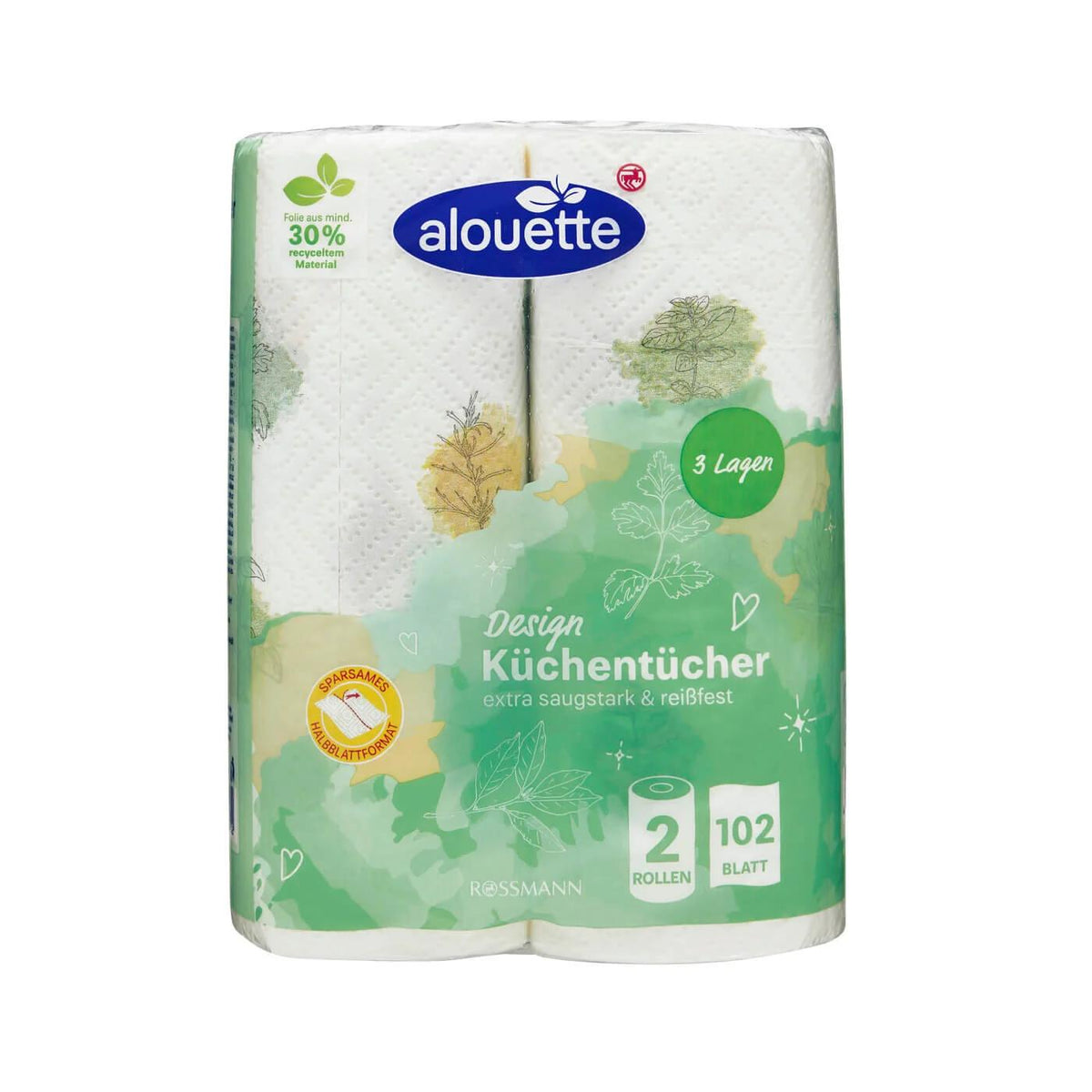 Alouette 3-Ply Patterned Paper Towels Strong & Absorbent 2 Rolls by Beauty Care Bag