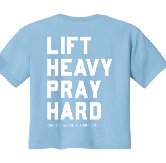 Lift Heavy. Pray Hard. - Baby Blue Women's Crop Tee by Tango Charlie Apparel