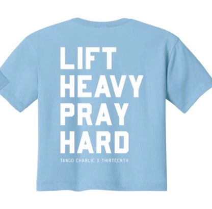 Lift Heavy. Pray Hard. - Baby Blue Women's Crop Tee by Tango Charlie Apparel