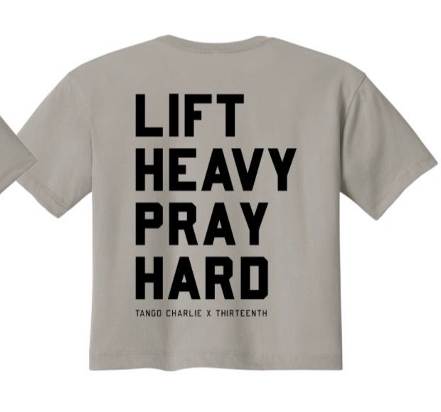 Lift Heavy. Pray Hard. - Sand Women's Crop Tee by Tango Charlie Apparel