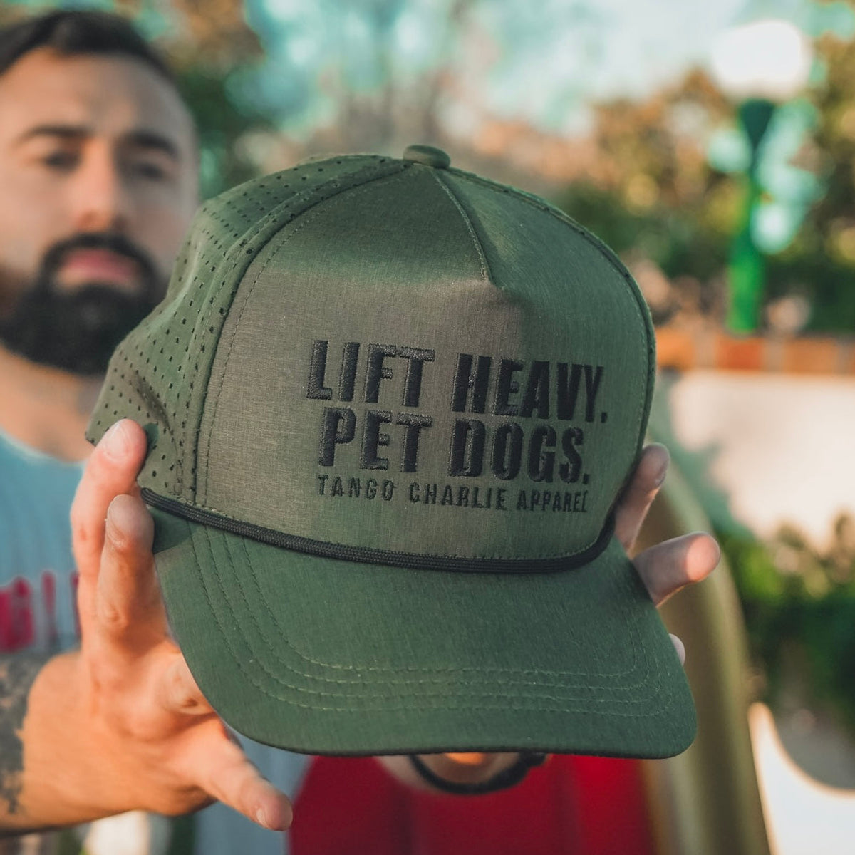 Lift Heavy. Pet Dogs. - Army Snapback Hat by Tango Charlie Apparel