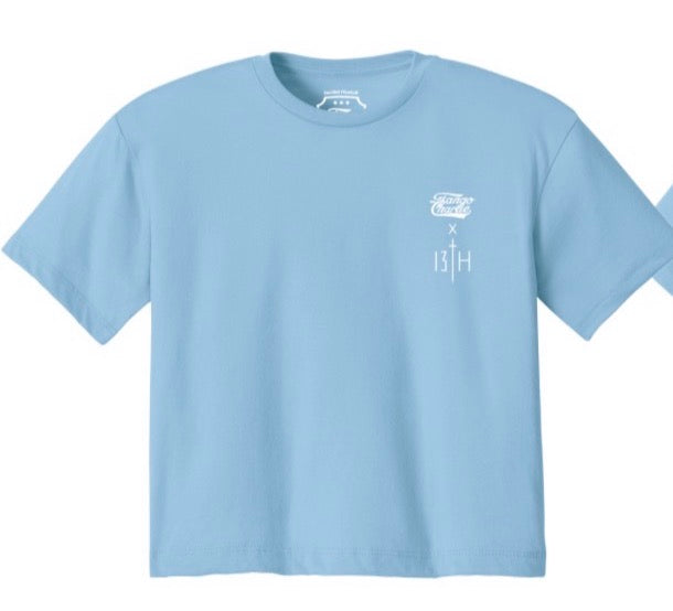 Lift Heavy. Pray Hard. - Baby Blue Women's Crop Tee by Tango Charlie Apparel