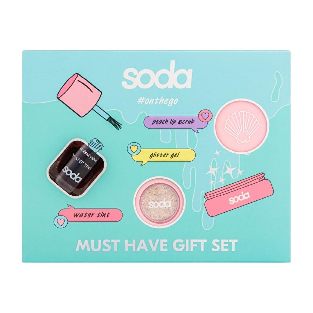 Soda On the Go makeup gift set with lip and cheek tint, glitter gel and lip peeling