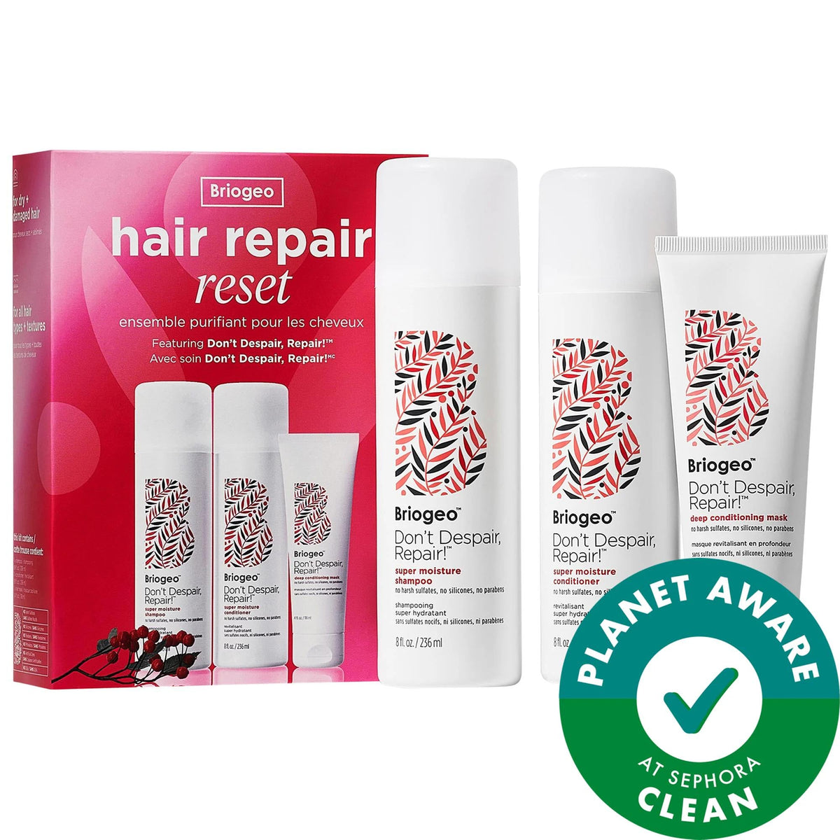 Don't Despair, Repair. Vegan Hair Repair Set - Shampoo, Conditioner & Mask for Damaged Hair by Beauty Care Bag