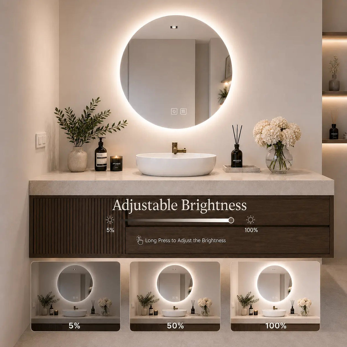 Round Backlit LED BATHROOMS Vanity Mirrors With Dimmable Lights by HAUSVITA