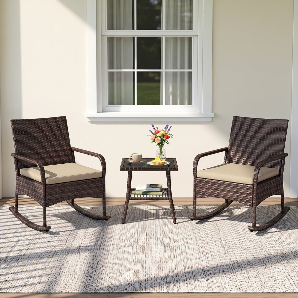 3-piece PE wicker rocking bistro set with cushions and side table by DirectDeals, view 17