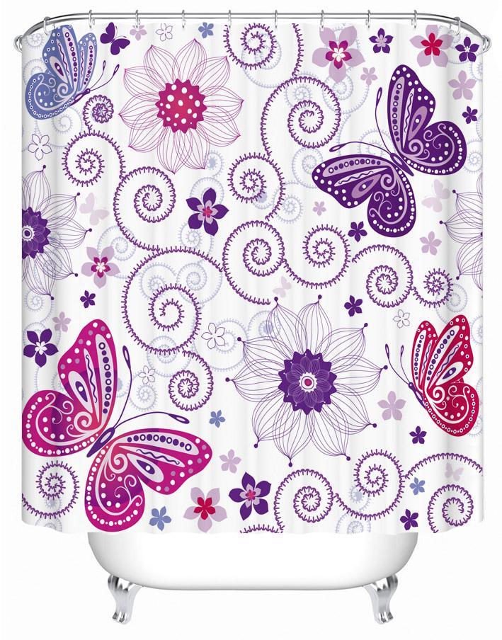 Purplish Butterflies And Flowers Shower Curtain by Amethyst Hera
