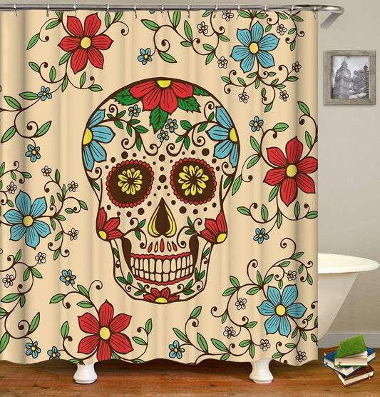 Red And Blue Flowers Skull Shower Curtain by Amethyst Hera