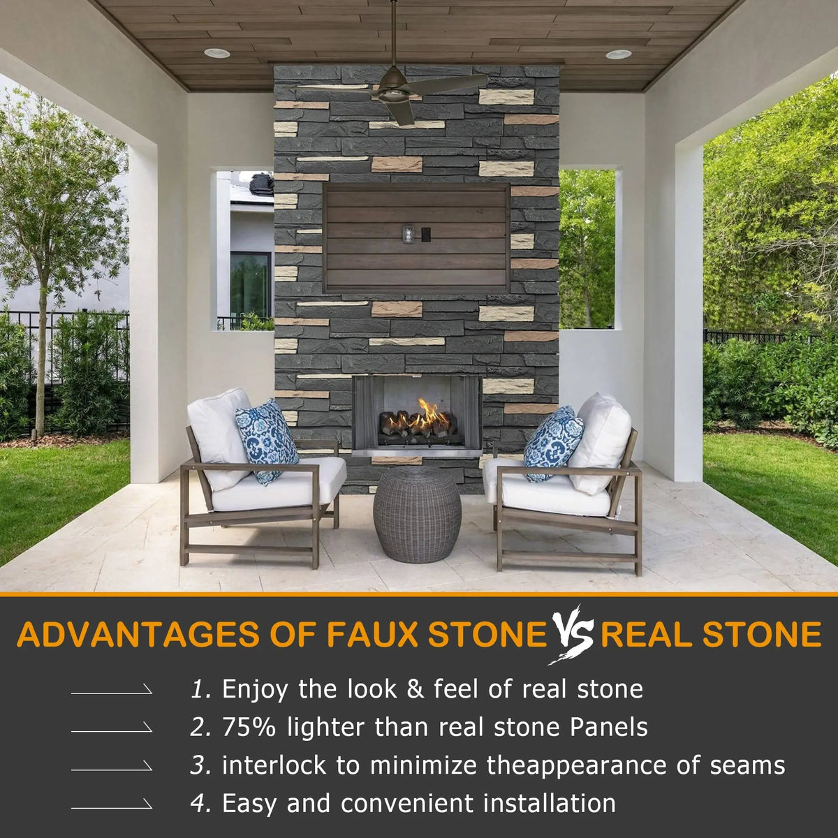 Hausvita Faux Stone Wall Siding Panel, PU Stone Veneer Exterior, 46.46" x 13" by HAUSVITA