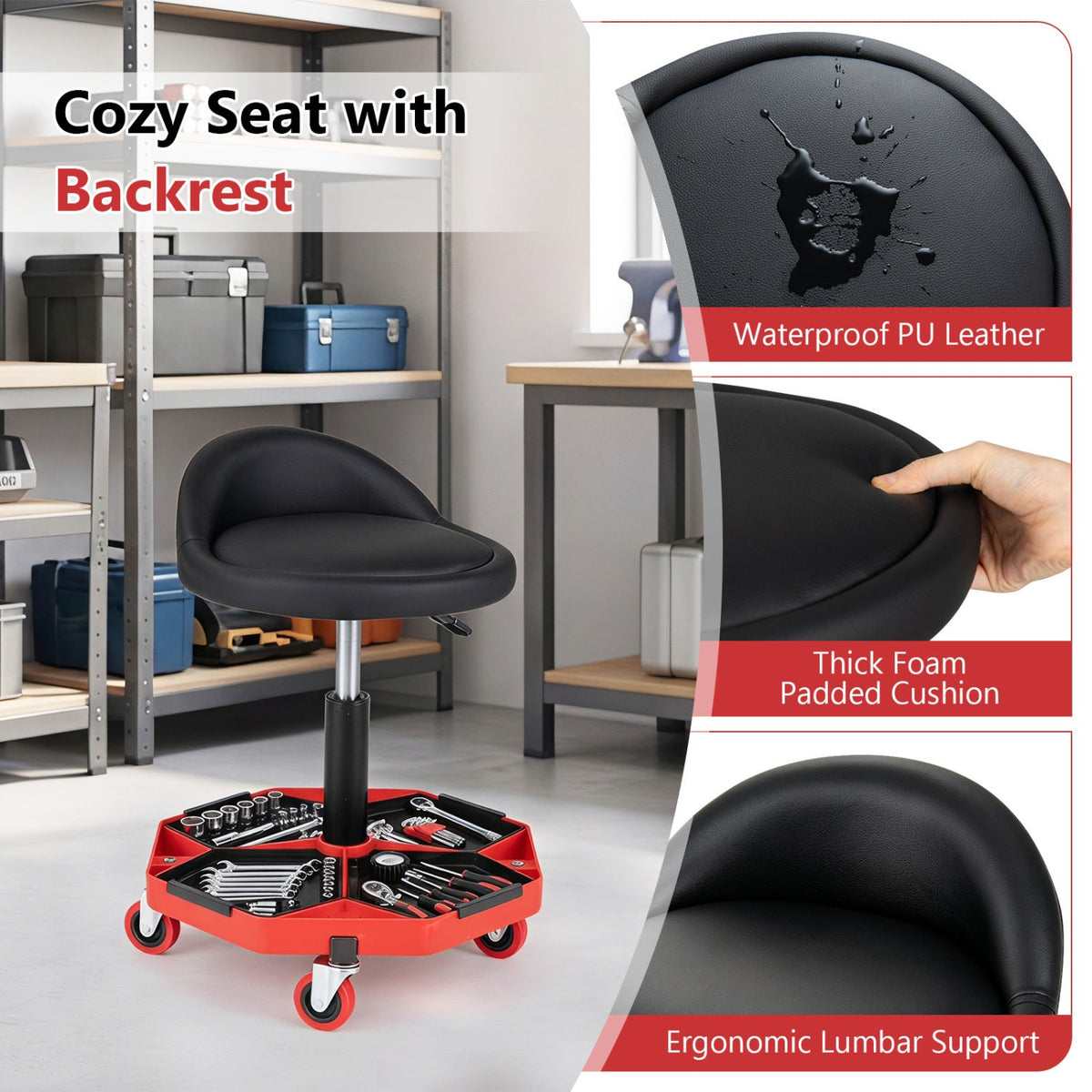 Adjustable Rolling Mechanic Seat with Storage Tray by DirectDeals