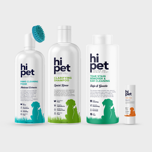 HiPet Effective Cleaning Set, Clarifying Shampoo + Tear Stain & Ear Solution + Paw Cleaning Foam + Paw & Nose Balm, 4-Piece Bundle by Beauty Care Bag