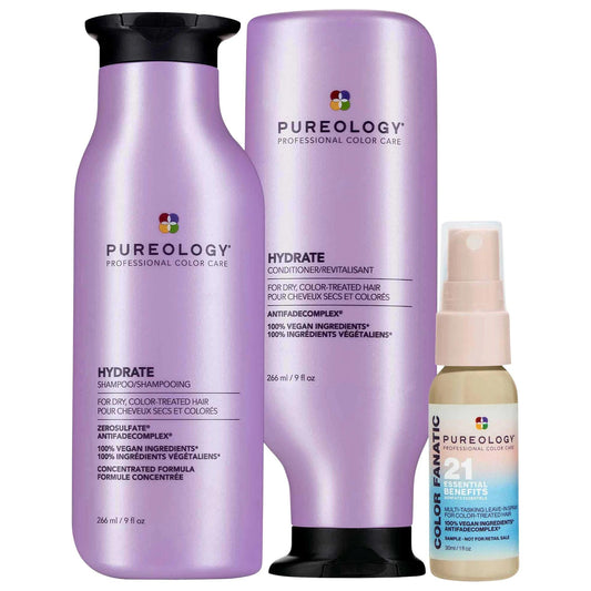 Pureology Hydrate & Color Fanatic Hair Care Set: Intense Hydration, Heat Protection, Enhances Shine - Sulfate-Free, Vegan for Dry & Color-Treated Hair by Beauty Care Bag