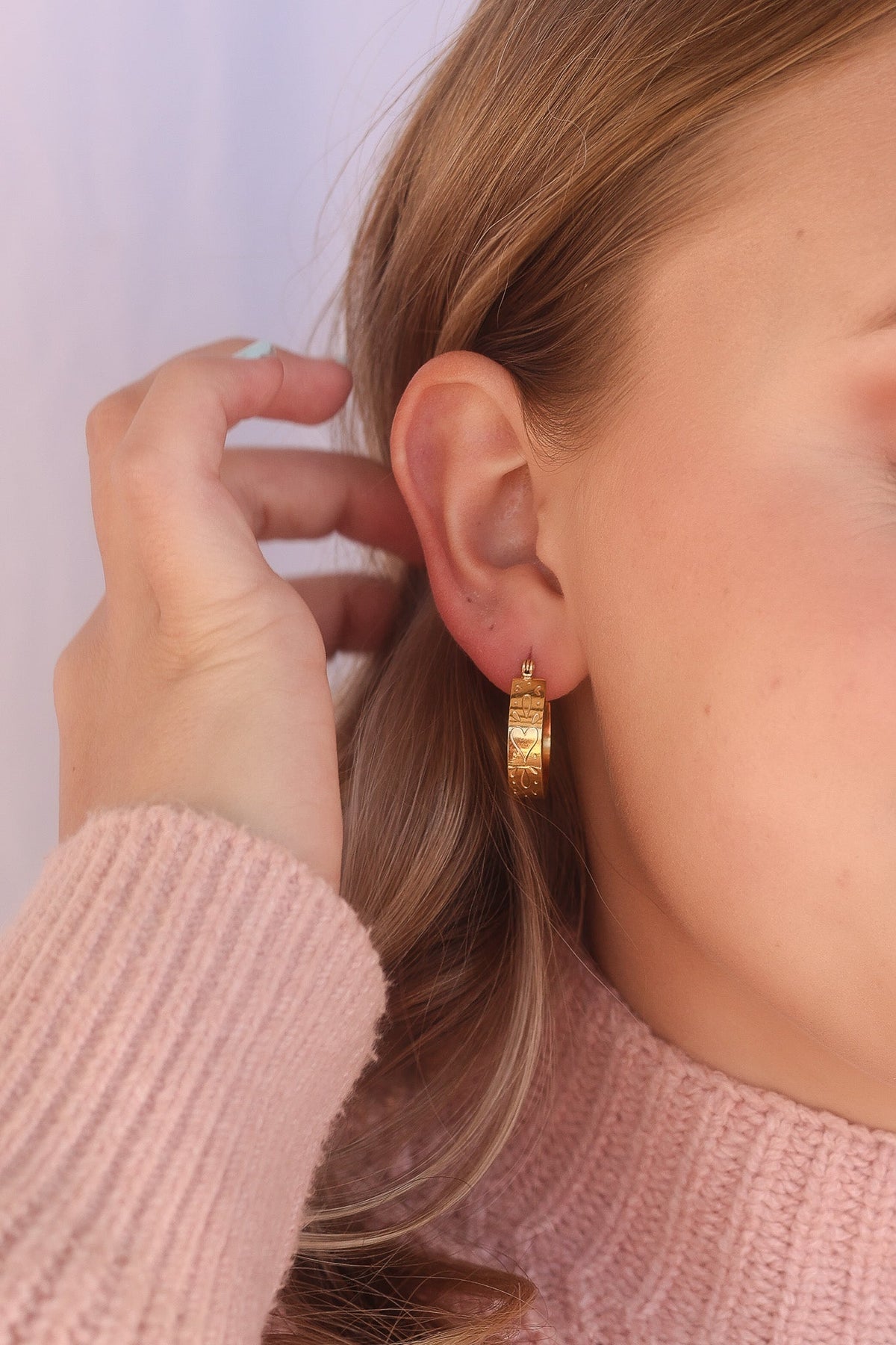 Rose & Clay "All My Love" 22mm hoop earrings with engraved heart pattern, gold or silver