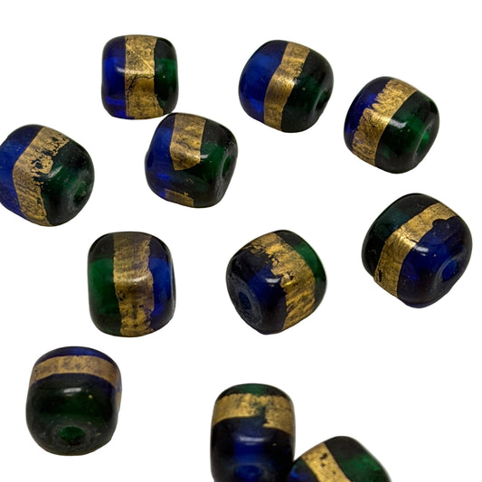 Lampwork Glass Bead with Gold Foil - 10mm Green Blue Clear Handmade Art Glass by Continental Bead Suppliers