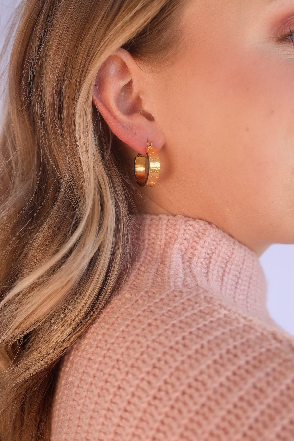 Rose & Clay "All My Love" 22mm hoop earrings with engraved heart pattern, gold or silver