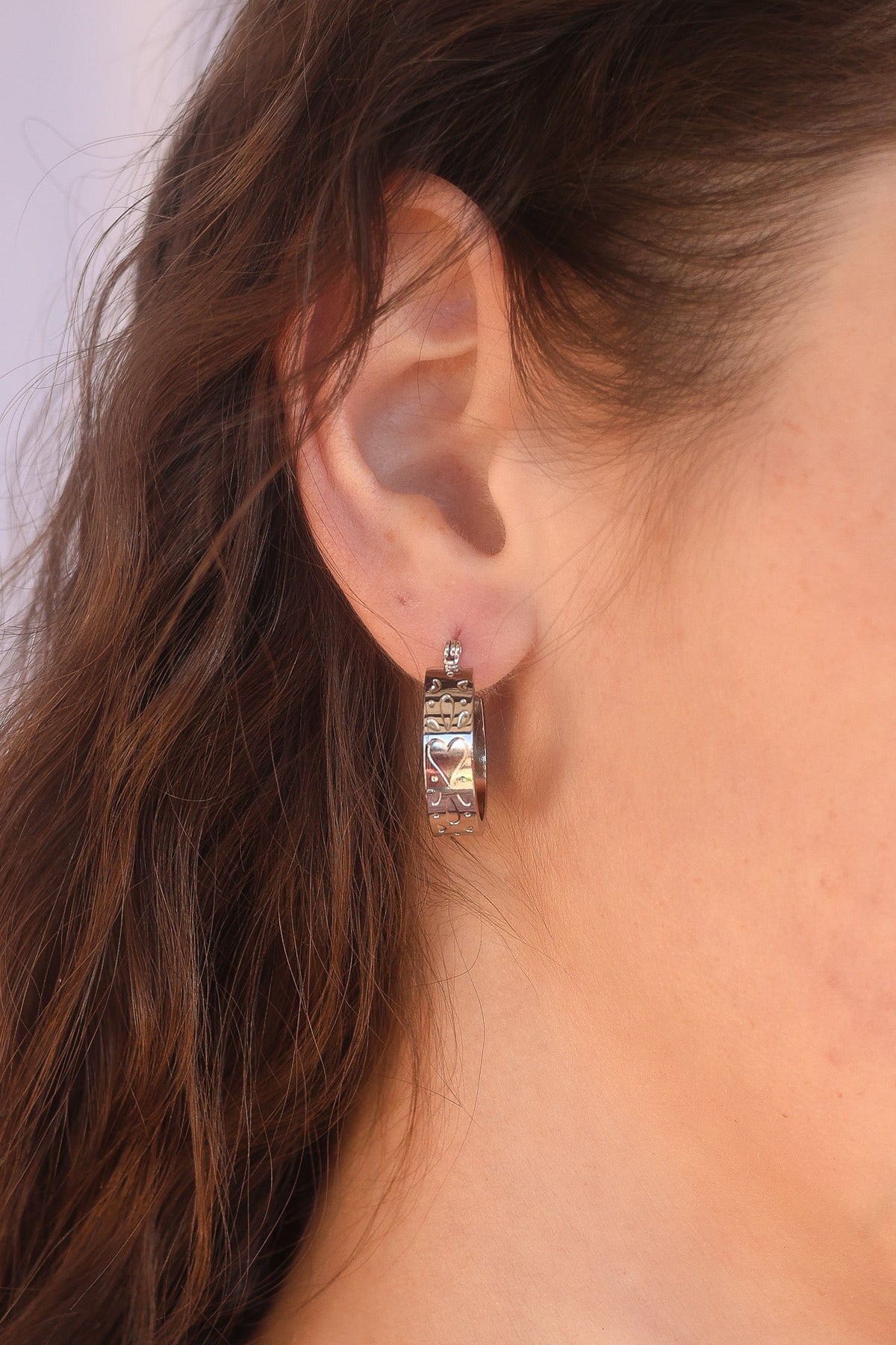 Rose & Clay "All My Love" 22mm hoop earrings with engraved heart pattern, gold or silver