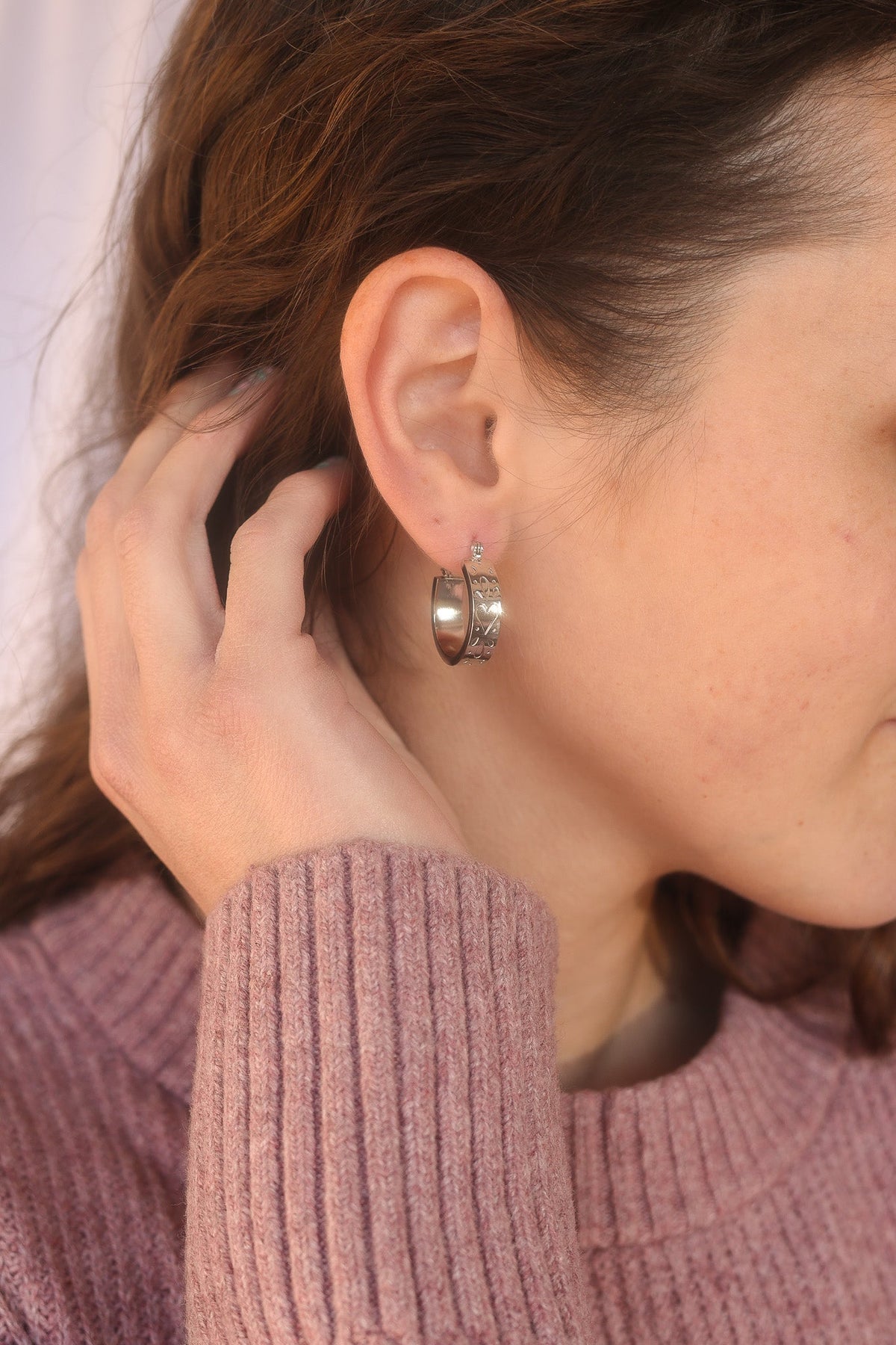 Rose & Clay "All My Love" 22mm hoop earrings with engraved heart pattern, gold or silver