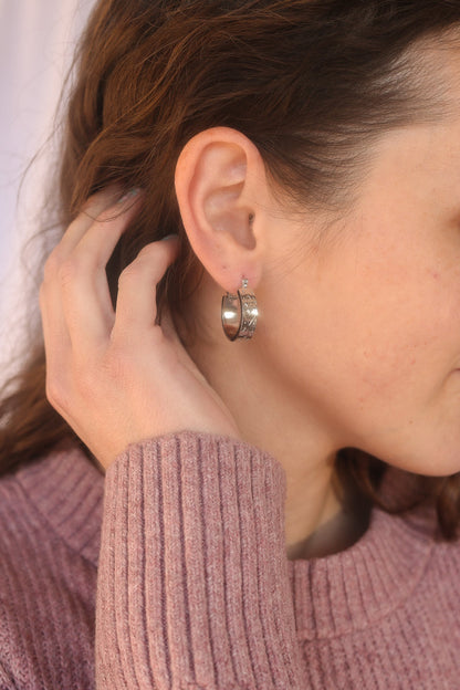 Rose & Clay "All My Love" 22mm hoop earrings with engraved heart pattern, gold or silver