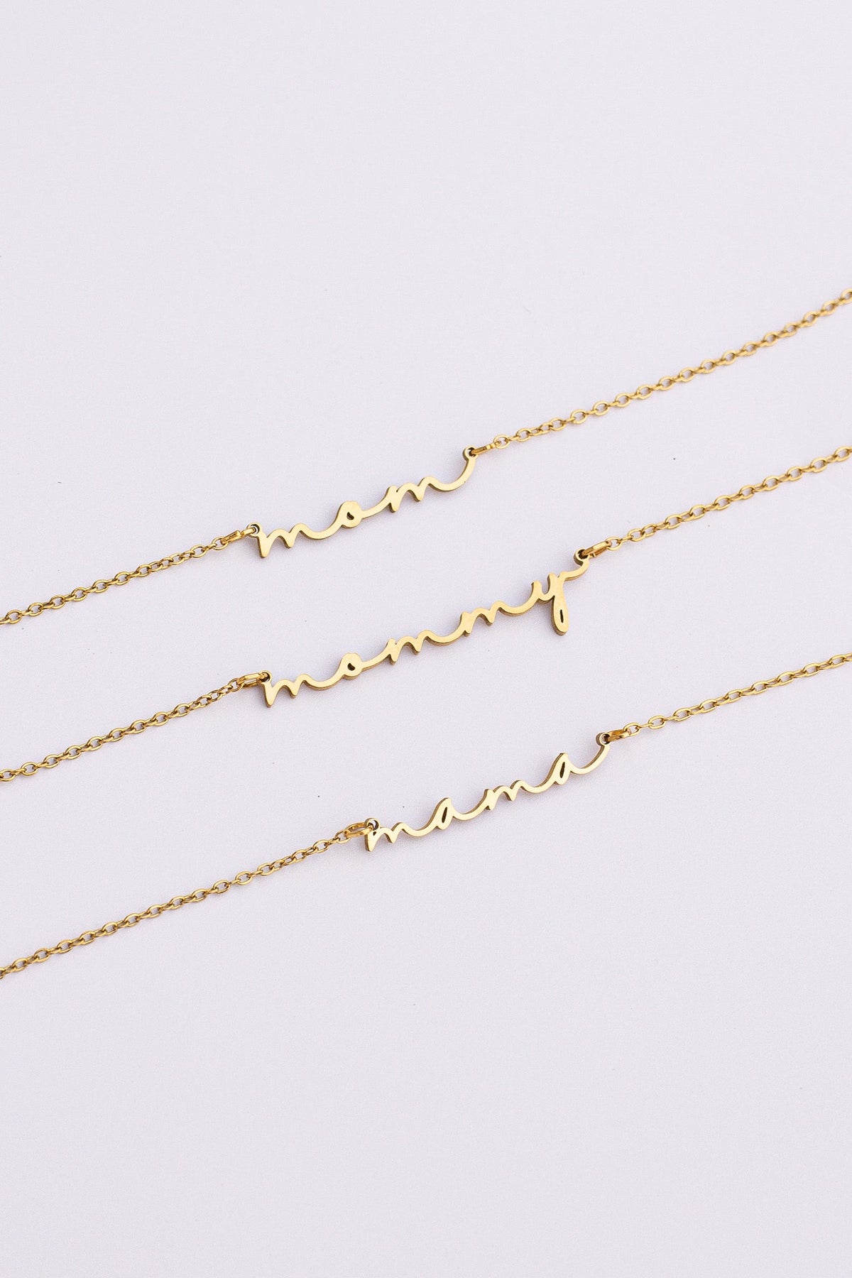 Rose & Clay "Mom" cursive script name necklace, gold or silver stainless steel