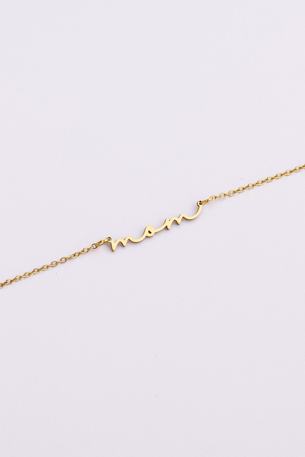 Rose & Clay "Mom" cursive script name necklace, gold or silver stainless steel