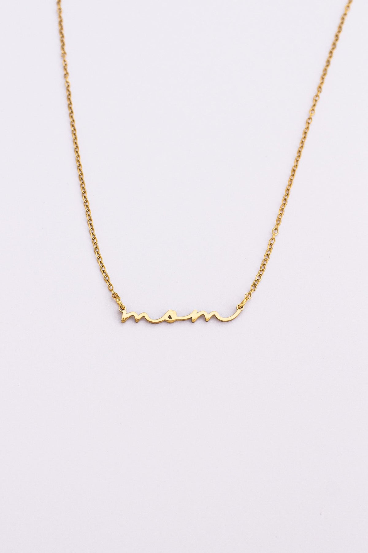 Rose & Clay "Mom" cursive script name necklace, gold or silver stainless steel