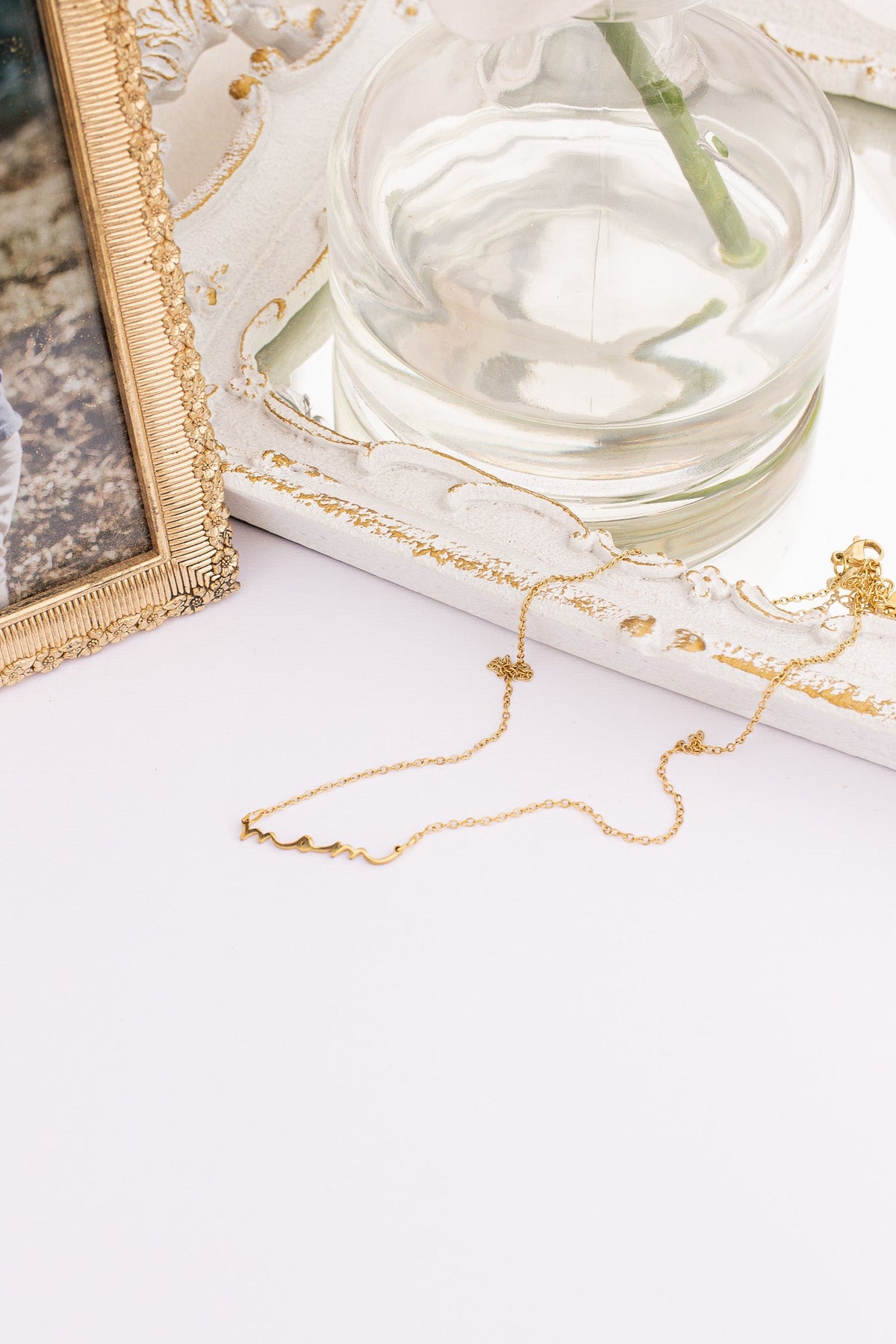 Rose & Clay "Mom" cursive script name necklace, gold or silver stainless steel
