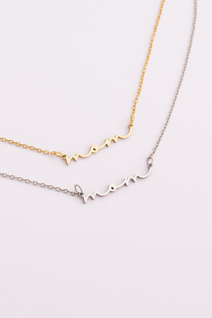 Rose & Clay "Mom" cursive script name necklace, gold or silver stainless steel
