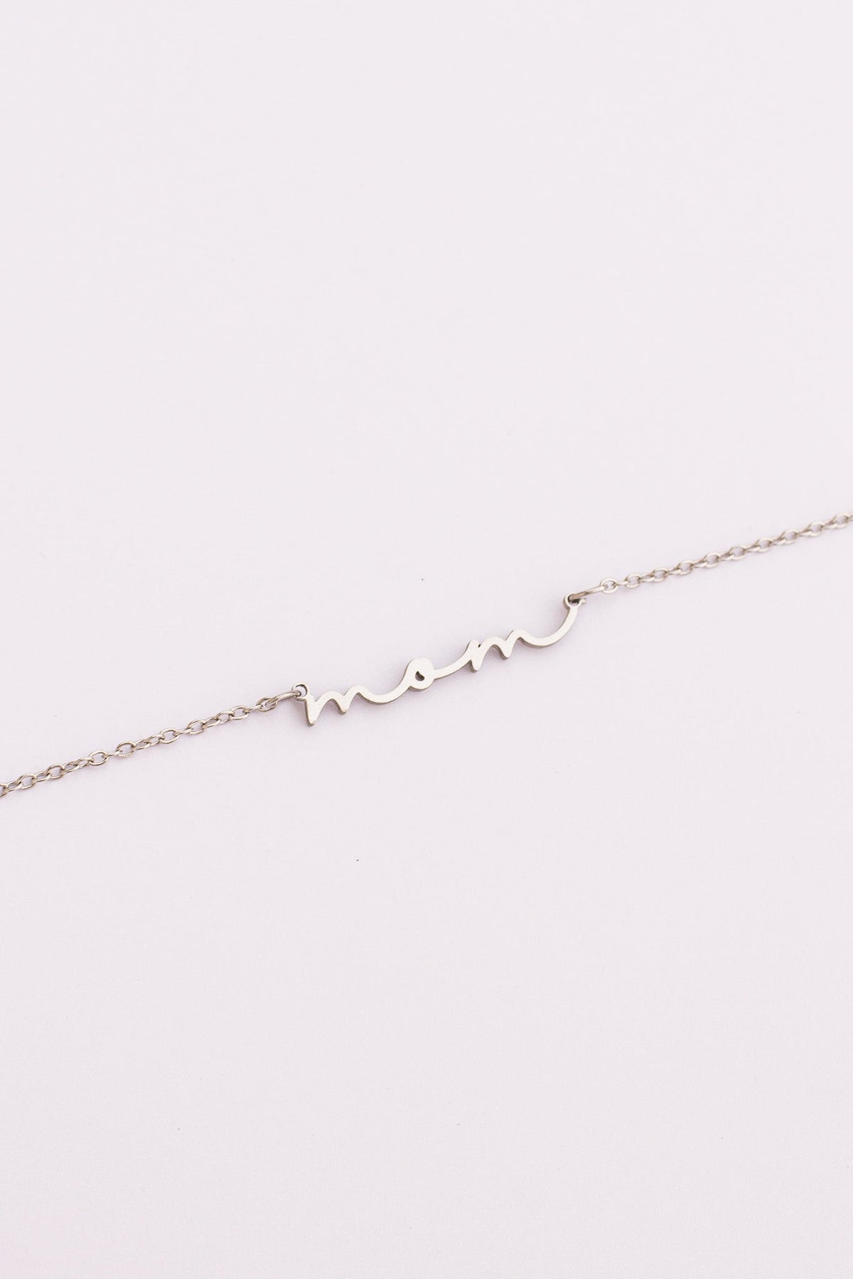 Rose & Clay "Mom" cursive script name necklace, gold or silver stainless steel