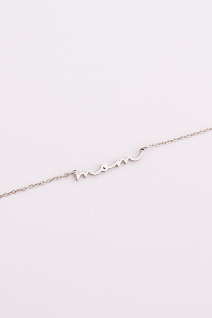 Rose & Clay "Mom" cursive script name necklace, gold or silver stainless steel