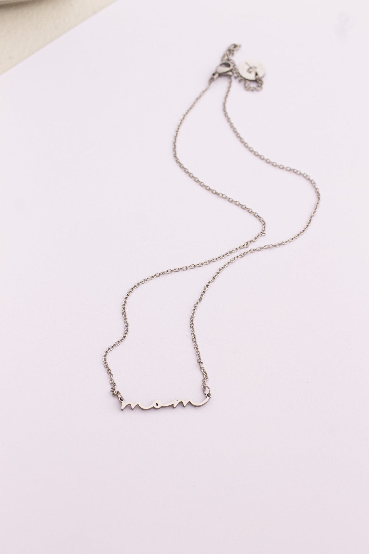 Rose & Clay "Mom" cursive script name necklace, gold or silver stainless steel