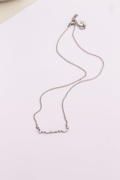 Rose & Clay "Mom" cursive script name necklace, gold or silver stainless steel