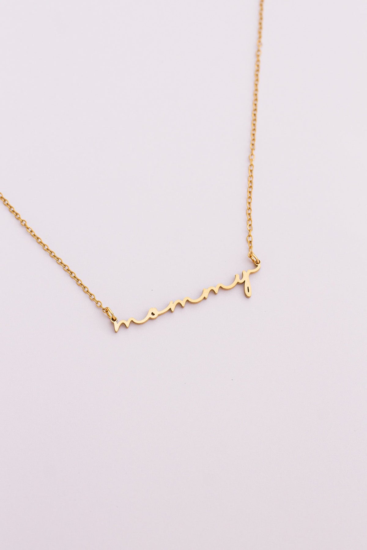 Rose & Clay "Mommy" cursive script name necklace, gold or silver stainless steel