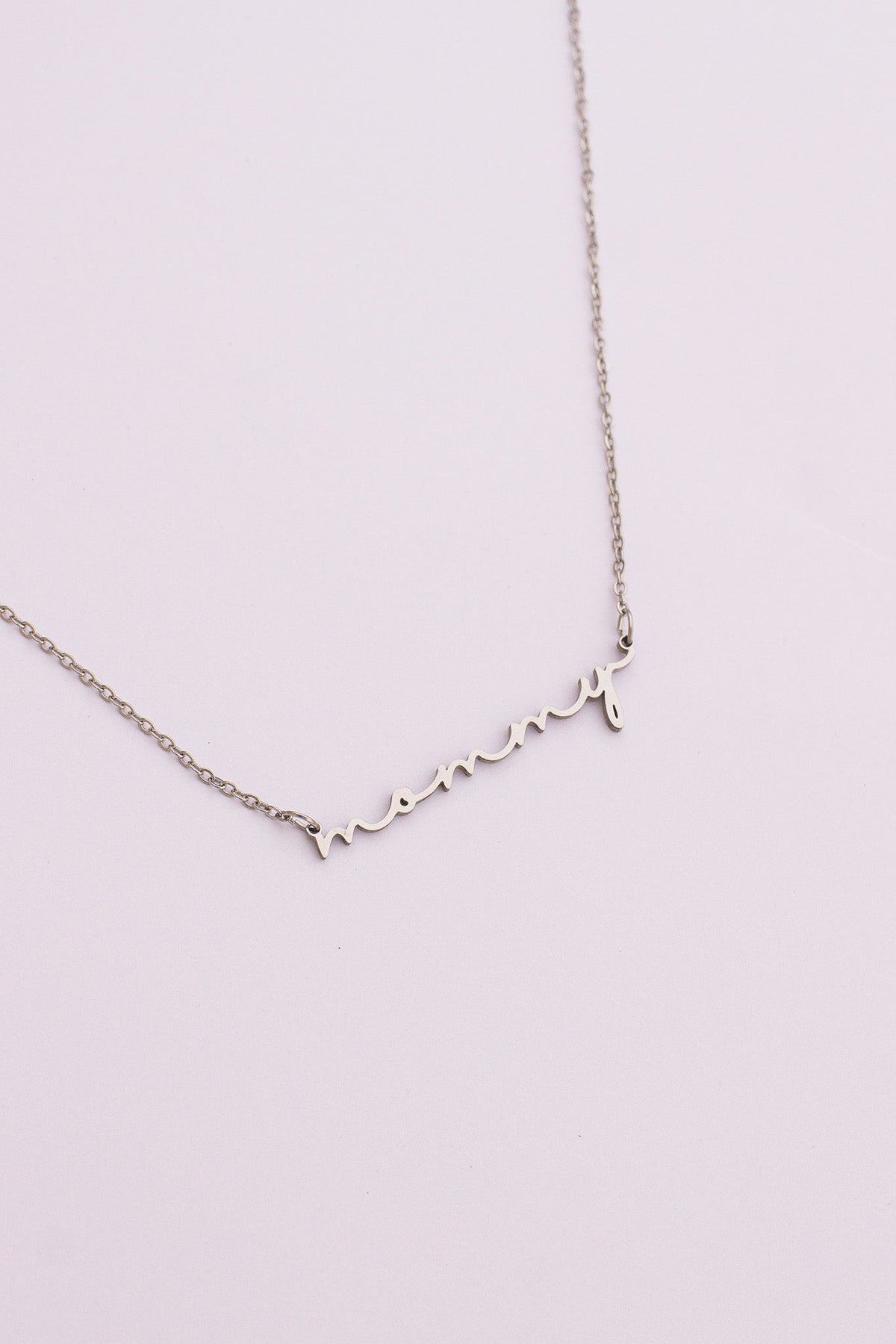 Rose & Clay "Mommy" cursive script name necklace, gold or silver stainless steel
