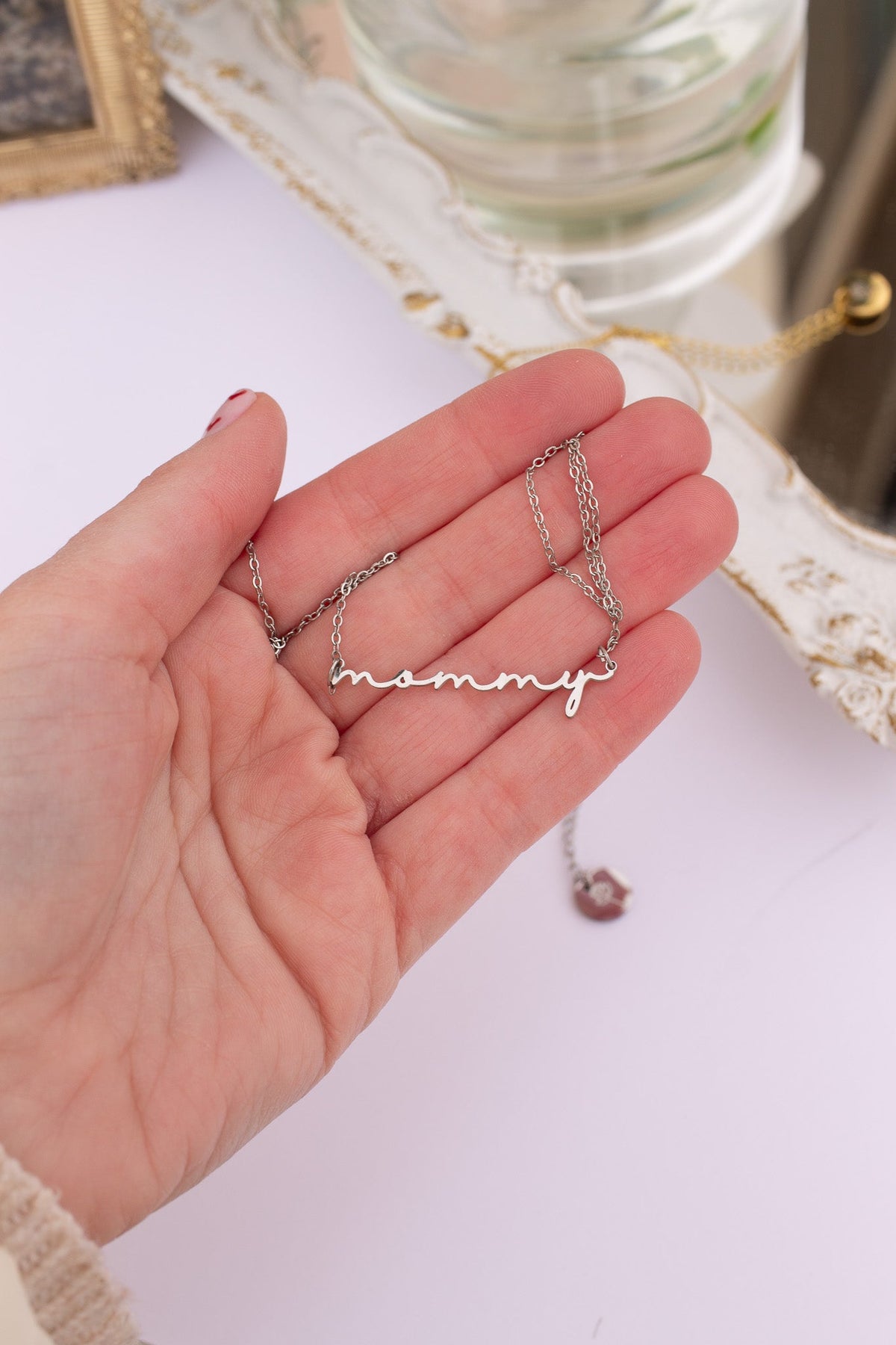 Rose & Clay "Mommy" cursive script name necklace, gold or silver stainless steel