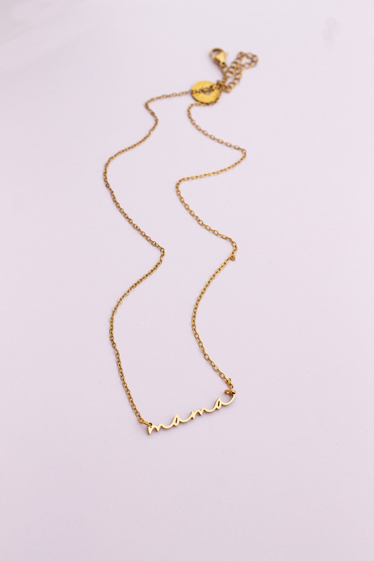 Rose & Clay "Mama" cursive script name necklace, gold or silver stainless steel