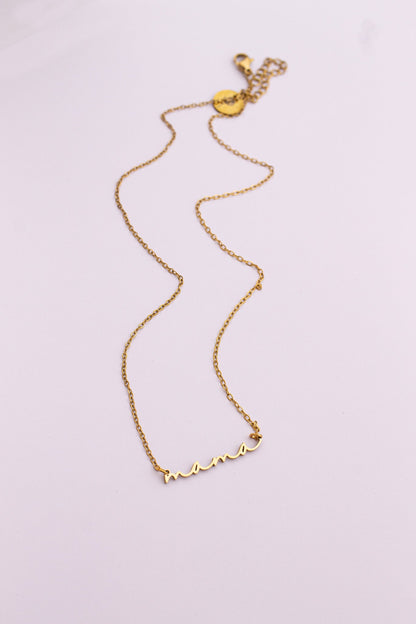 Rose & Clay "Mama" cursive script name necklace, gold or silver stainless steel