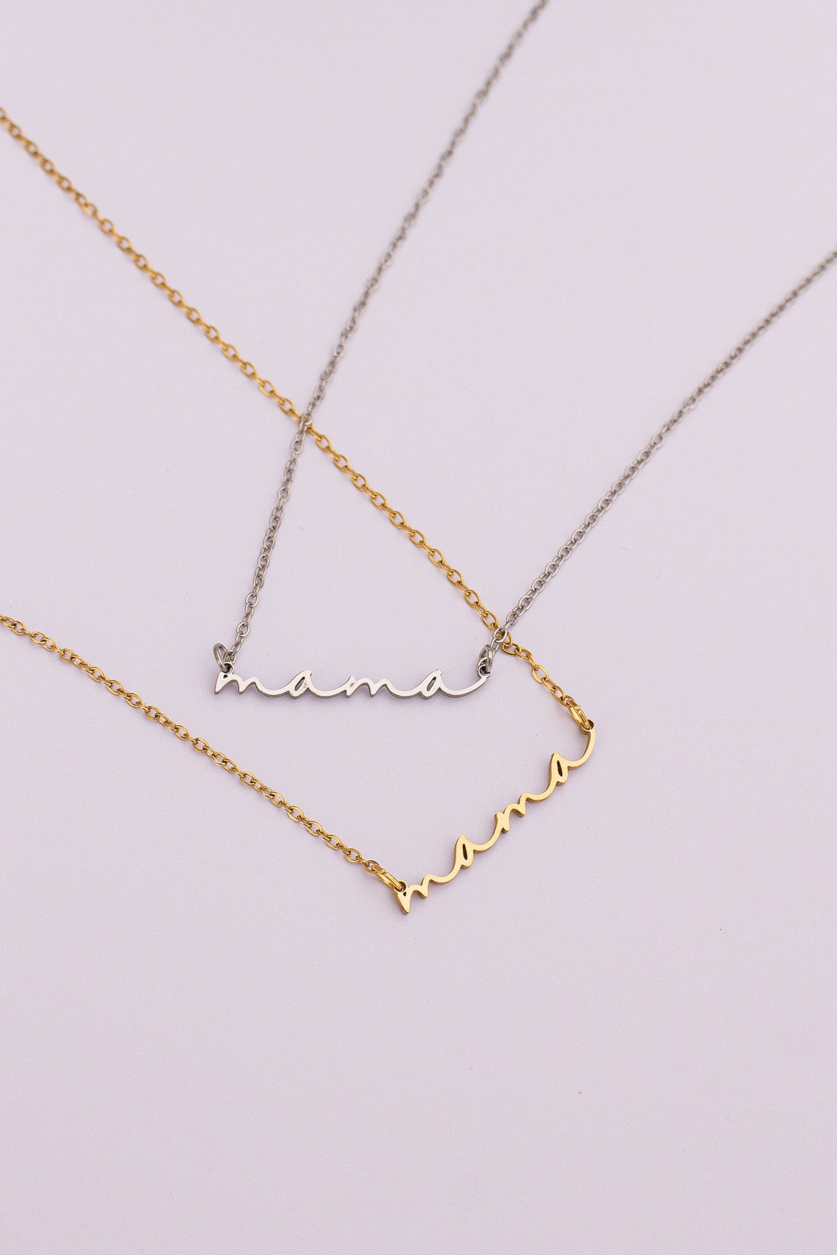 Rose & Clay "Mama" cursive script name necklace, gold or silver stainless steel