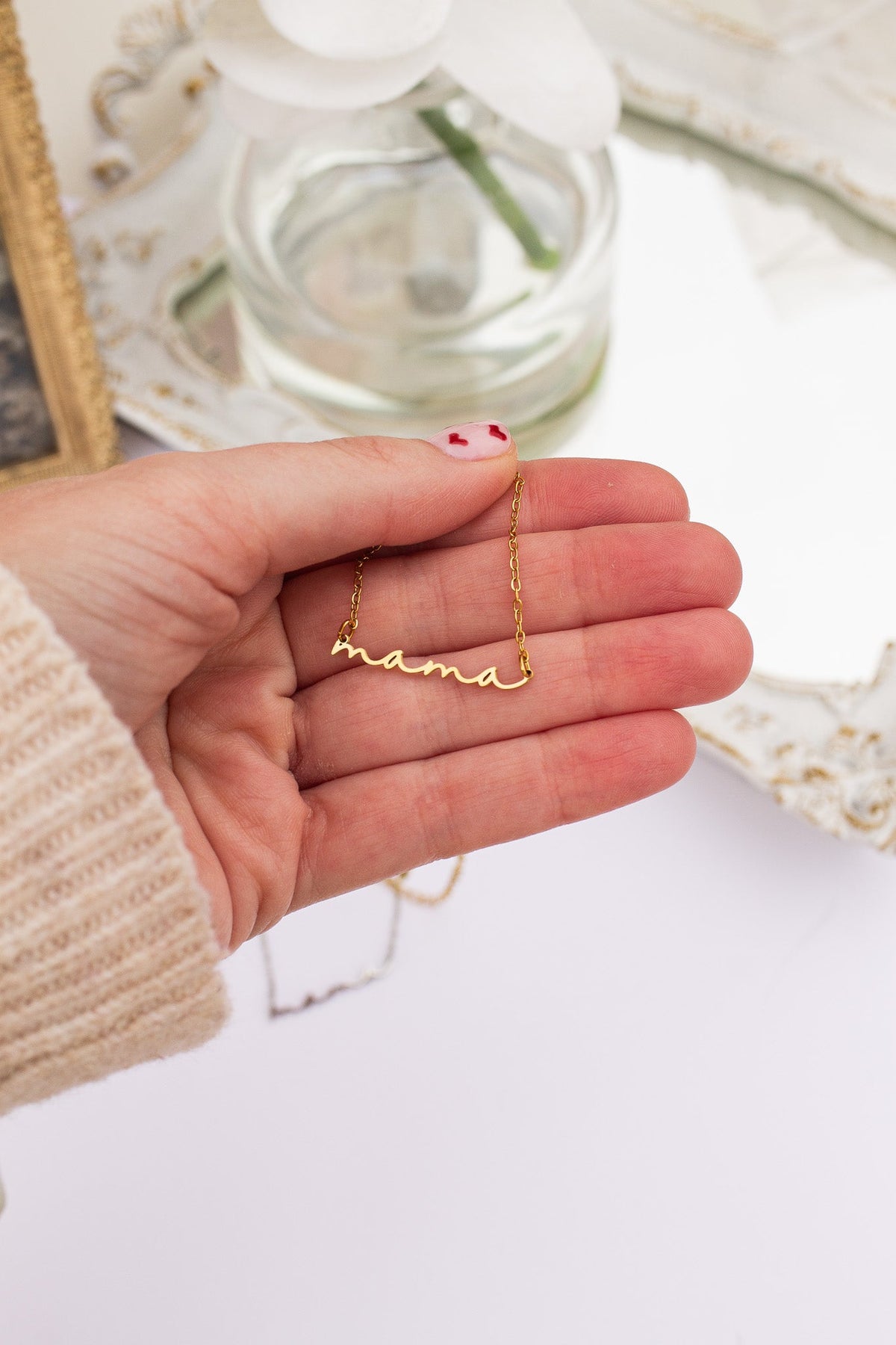 Rose & Clay "Mama" cursive script name necklace, gold or silver stainless steel