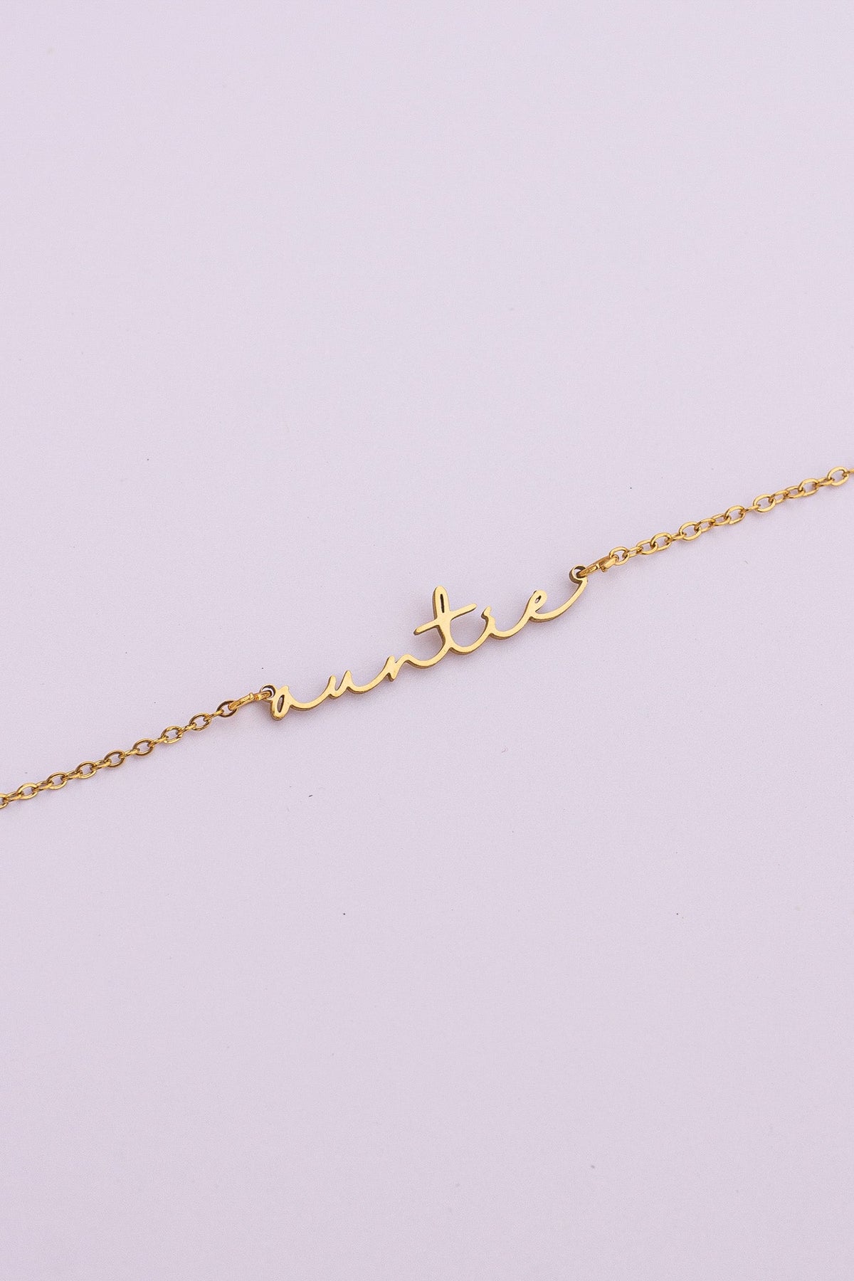 Rose & Clay "Auntie" cursive script name necklace on adjustable chain, gold or silver