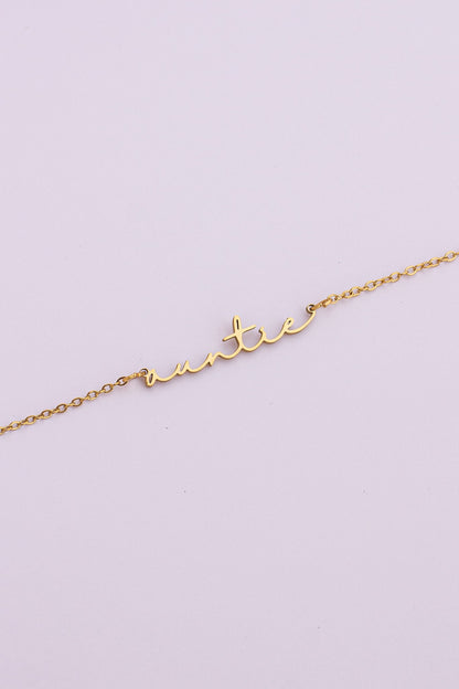 Rose & Clay "Auntie" cursive script name necklace on adjustable chain, gold or silver