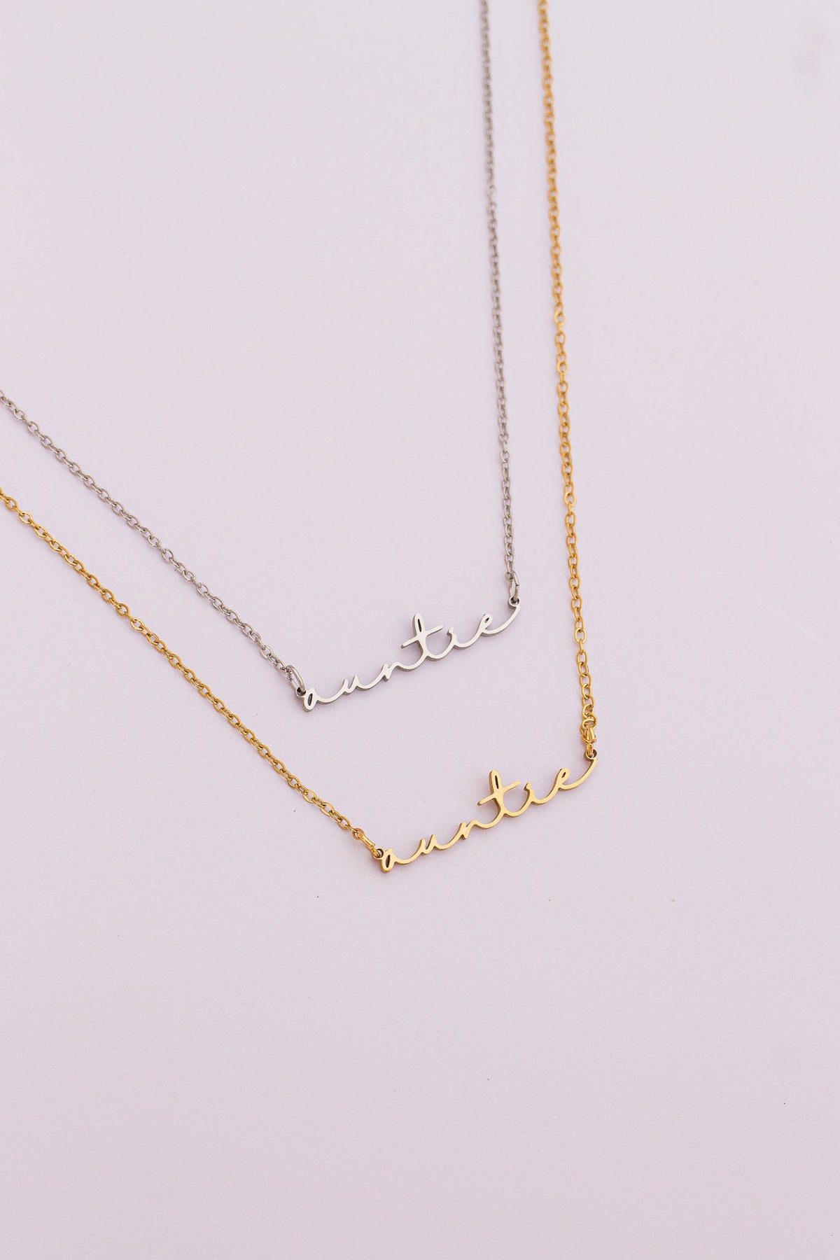 Rose & Clay "Auntie" cursive script name necklace on adjustable chain, gold or silver