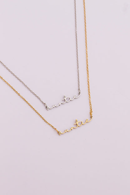 Rose & Clay "Auntie" cursive script name necklace on adjustable chain, gold or silver