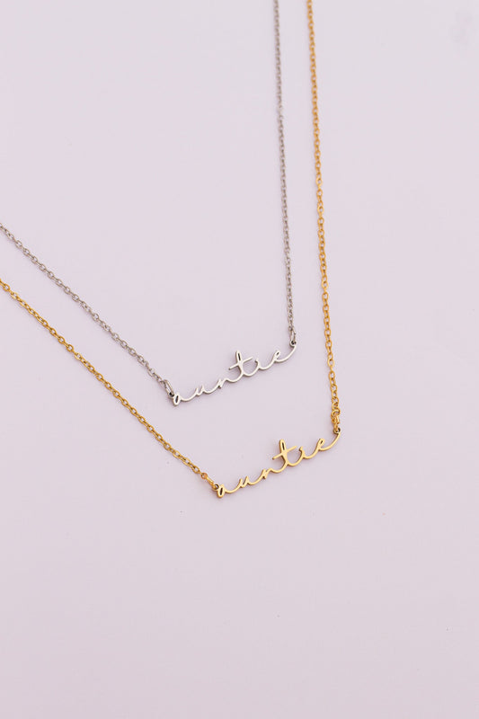 Rose & Clay "Auntie" cursive script name necklace on adjustable chain, gold or silver