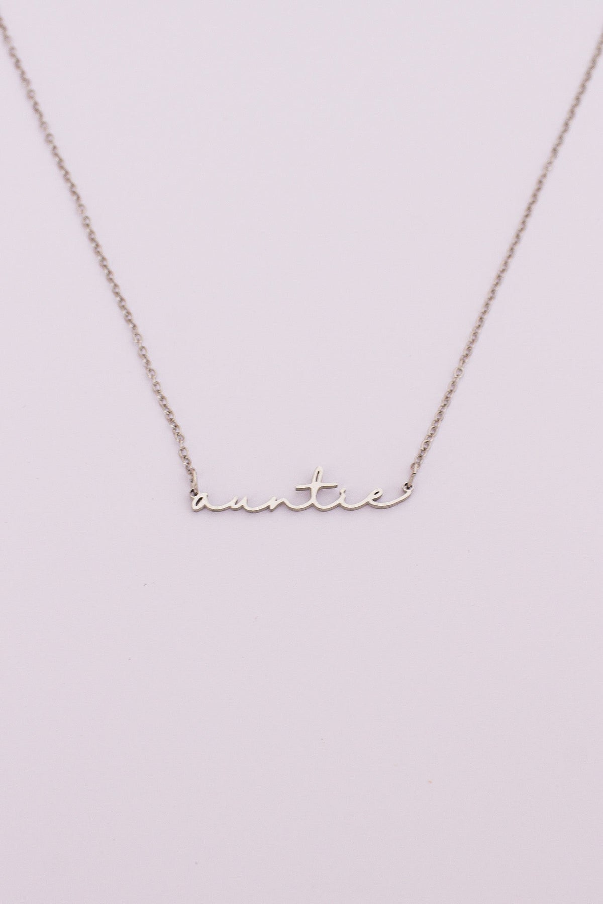 Rose & Clay "Auntie" cursive script name necklace on adjustable chain, gold or silver