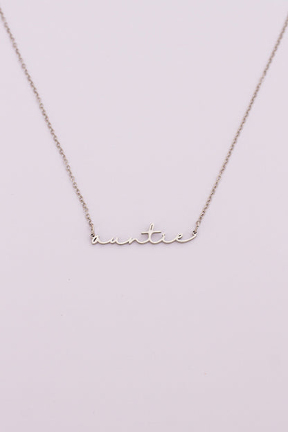 Rose & Clay "Auntie" cursive script name necklace on adjustable chain, gold or silver