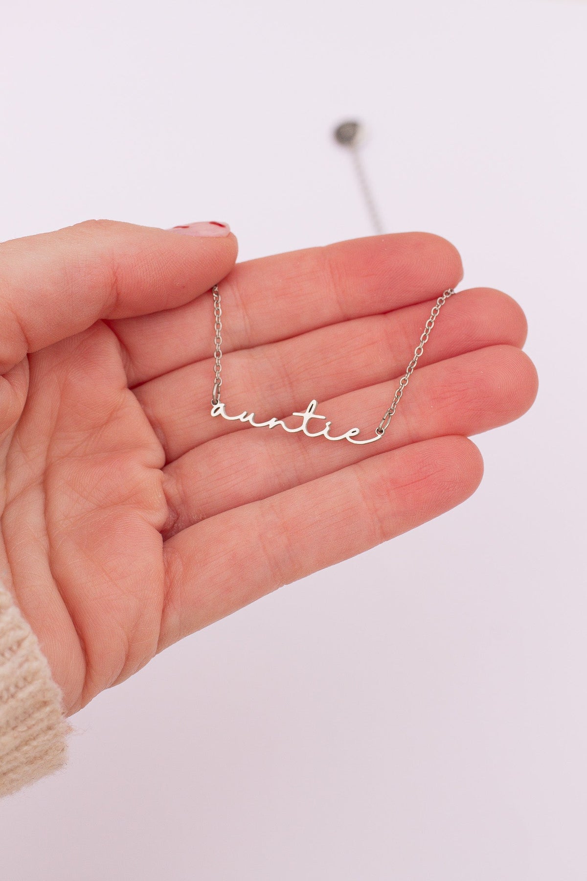 Rose & Clay "Auntie" cursive script name necklace on adjustable chain, gold or silver