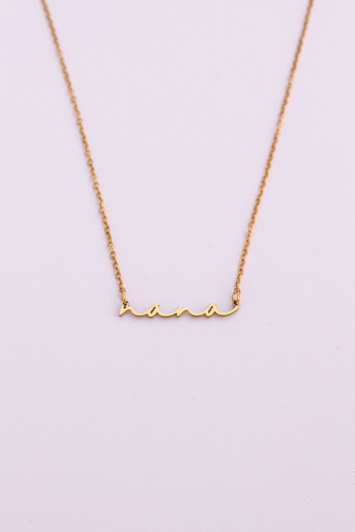 Rose & Clay "Nana" cursive script name necklace, gold or silver stainless steel